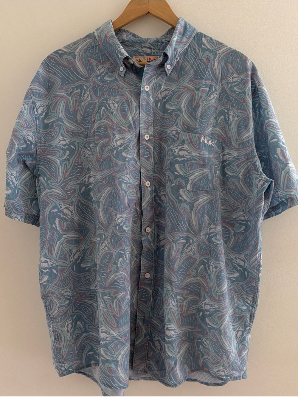 Huk Button Up Short Sleeve Shirt Fishing Fish Marlin Print Boating Outdoor